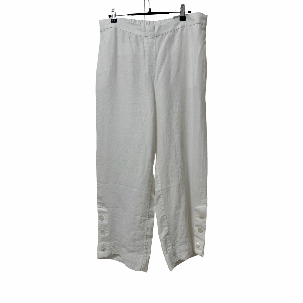 Chicos 100% Linen Button Hem Ankle Cropped Pants Size 12 White Resort Vacay NEW